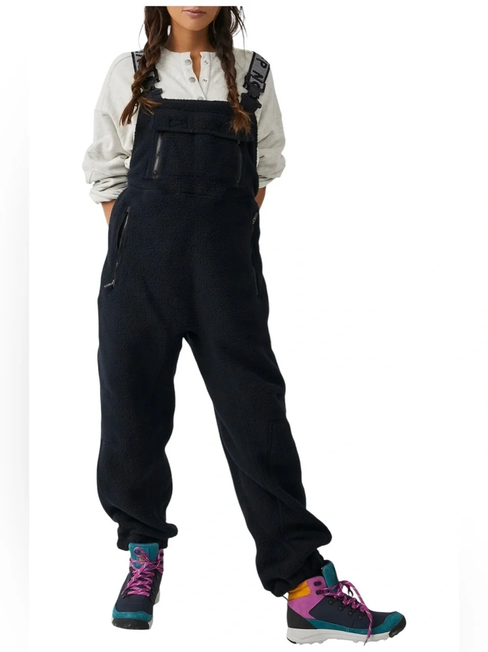 FP Movement Hit The Slopes Salopette Black Sherpa Fleece Overalls NWT Large